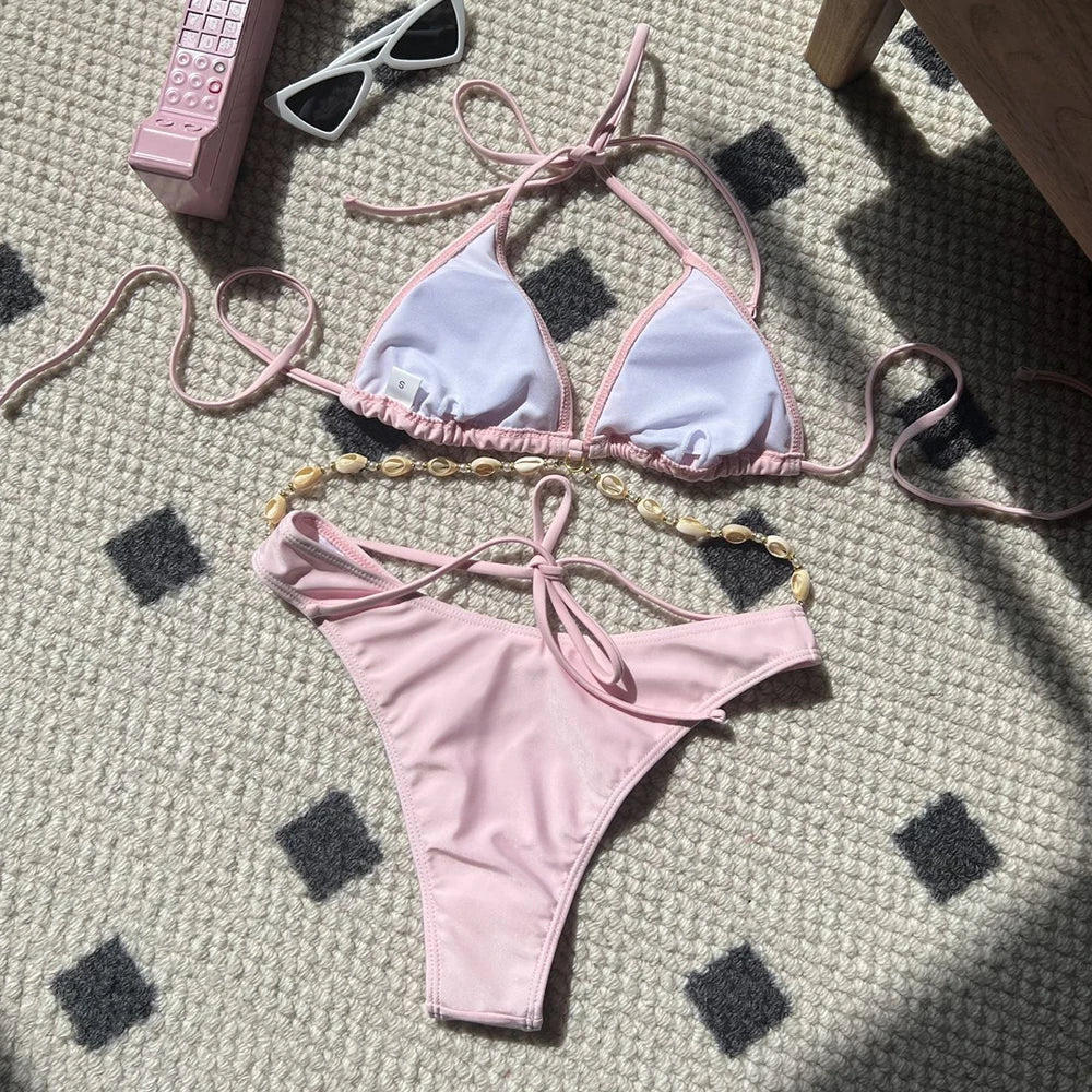 Sexy White Shell String Halter Triangle Bikini Set Women Swimwear Micro Thong Swimsuit Bathing Suit Mini Bikinis 2026 Mujer Swim