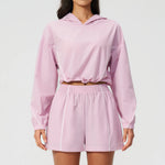 Summer Sun Protection Yoga Suit Women Contrasting Colors Long Sleeve Hoodies Top High Waist Shorts Running Fitness Athletic Wear