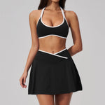 Summer New Outdoor Breathable Yoga Sets Women Color Block Shockproof Sports Bra Tennis Pleate Skirt Gym Workout Fitness Suits