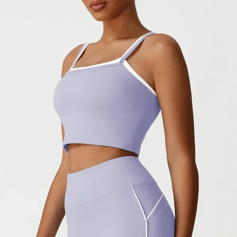 Women's Seamless Yoga Vest - Fake Two-Piece with Backless Removable Padded Sports Bra Stretchy Running Fitness Tank Top