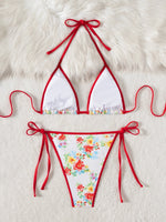 DEKA Halterneck Floral Print Bikini Set Pattern Triangle Cup Swimsuit Split Summer Cool Lace-upSwimwear Comfortable
