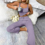 Women Ribbed Pajama Set Lace Trim Camisole Top & Drawstring Pants Sexy Sleepwear Autumn Soft Lounge Homewear