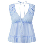 Women's Summer Solid Color Babydoll Tank Tops Button Down Stylish Lace Trim Loose Hem Deep V Neck Sleeveless Shirts