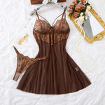 Net fabric see-through deep V nightgown thong set - dark color floral lace strapless fitted sexy nightgown set