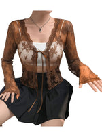 Women Floral Lace Shirts Long Sleeve Front Tie-up Smock Tops Sexy Beach Tops and Blouses Female See Through Cover-ups