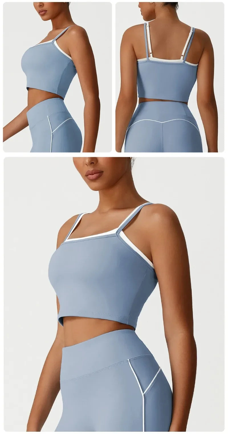 Women's Seamless Yoga Vest - Fake Two-Piece with Backless Removable Padded Sports Bra Stretchy Running Fitness Tank Top