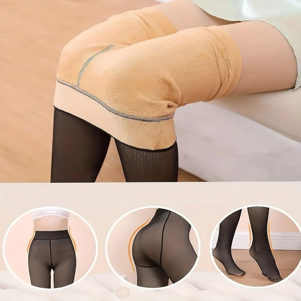 200g Womens Fleece Lined Fake Transparent Tights Thick High Waist Stretch Thermal Pantyhose Windproof For Cold Weather Suitable