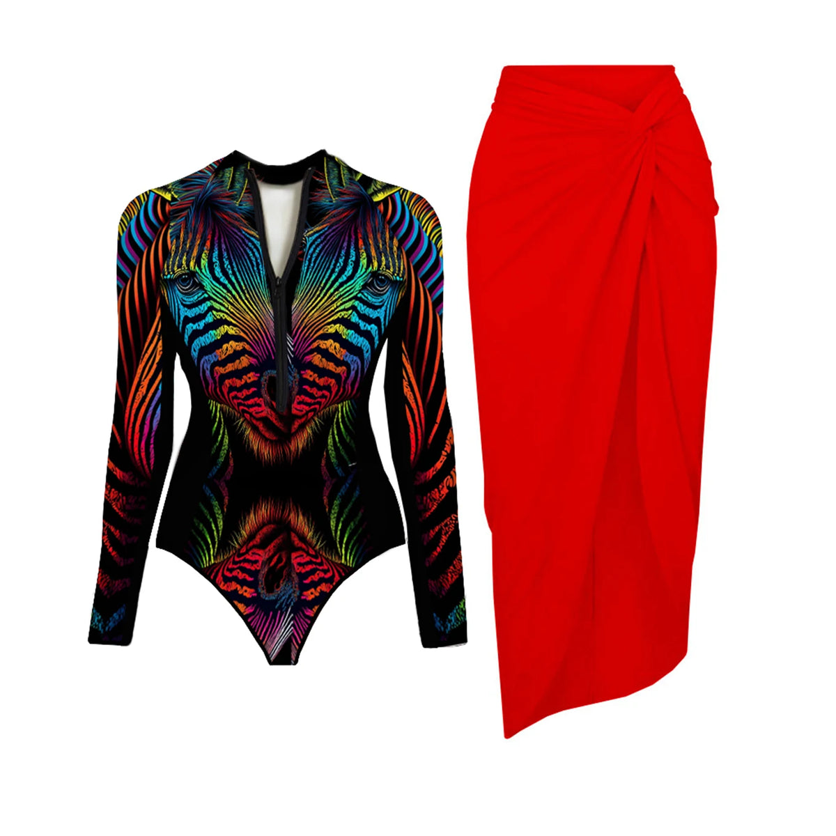 Black And Printed Long Sleeve Swimsuit With Cover Up Sexy Swimwear Women Surf Swim Suit Slimming Bathingsuit Bodysuit Beachwear