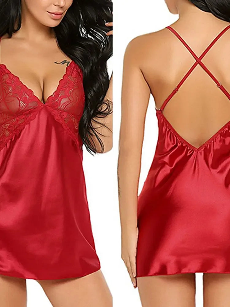 Women Satin Lace Chemise Nightgowns Sexy V-Neck Spaghetti Strap Sleepwear Babydoll Lingerie Dress for Bridal Wedding Honeymoon