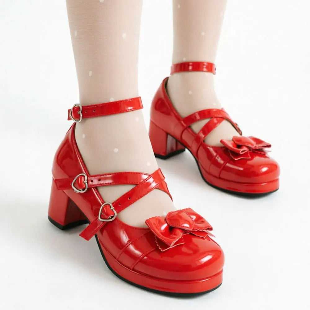 Plus Size 48 Women's Sweet Lolita Mary Jane Heels Pumps Heart Buckle Cross Ankle Strap Bow Platform 5.5cm Block Heel Goth Shoes