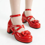 Plus Size 48 Women's Sweet Lolita Mary Jane Heels Pumps Heart Buckle Cross Ankle Strap Bow Platform 5.5cm Block Heel Goth Shoes