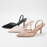 Nude 2 ways to wear Slingback Sandals Mules Big Size 42 Black Pointy Toe Mesh Embroidery Beading Thin High Heels Shoes Women