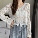 3/4 Sleeve Hollow Out Open Front Sheer Sweater Crochet Cardigan for Women Lightweight Boho Summer Beach Knit Shrug