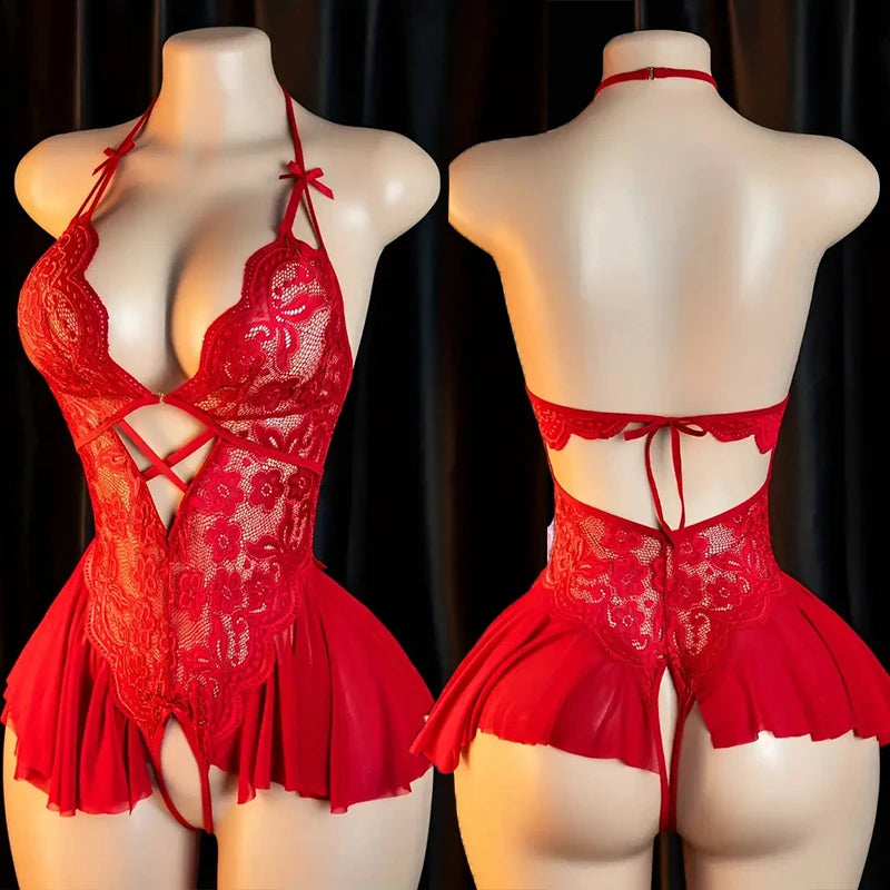 Pink Sexy Lingerie Women Hollow Open BodysuitAdult Apparel Teddy Crotchless Erotic Underwear One Piece V-neck Hot Lace Pajamas