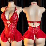 Pink Sexy Lingerie Women Hollow Open BodysuitAdult Apparel Teddy Crotchless Erotic Underwear One Piece V-neck Hot Lace Pajamas