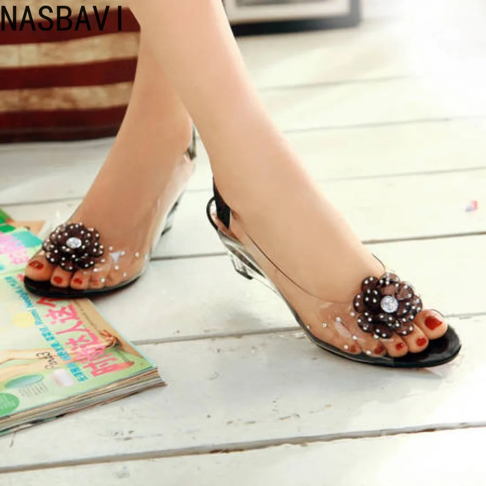 NASBAVI New Fashion Flower Transparent Sandals Wedge Women Shoes Large Size Sandals Women Size 34-43