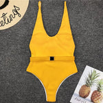 V Neck Ribbed High Cut Women Swimwear One Piece Swimsuit Female Backless Monokini with Waist Belt Bathing Suit Swim Beachwear