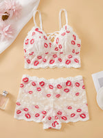 Lips Print Lace Women Sexy Lingerie Set Hollow-out Unlined Camisole Bra Breathable Sheer Women's Underwear Set