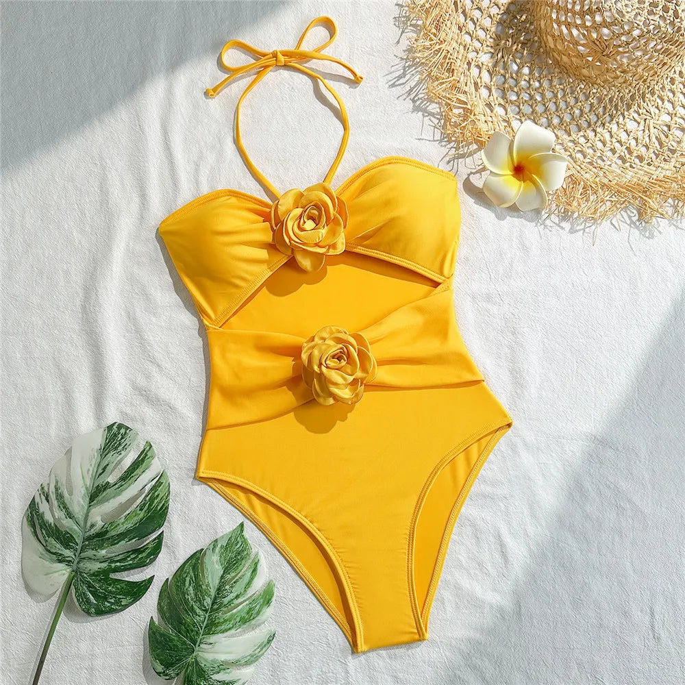 Sexy 3D Flower Hollow Out Swimwear One Piece Swimsuits Women 2026 Summer String Halter Monokini Swimming Bathings Suit Bather