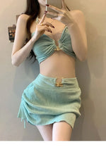 Korean Cover Up 3 Piece Bikini Set 2025 Swimwear Women Green Metal Strap Push Up Drawstring Skirt Swimsuit Beach Bathing Suits
