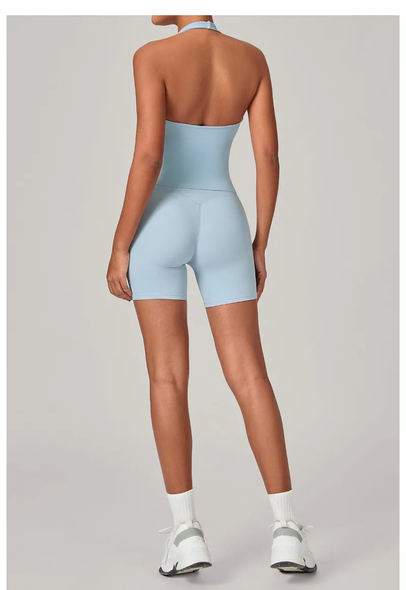 Women's Seamless Yoga Fitness Sets Sports Halter Neck Backless Vest Hip-lifting Slim Fit Shorts Suits Running Workout Gym Sets