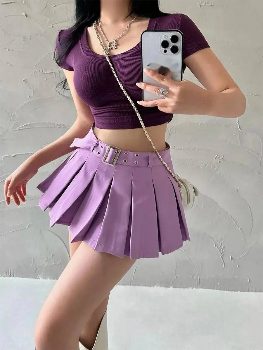 WOMENGAGA Summer Skorts High-quality Sexy A-LINE Safety Skirts Pleated Skirt Half Length Short Skirt Belt Fashion Women E4H4