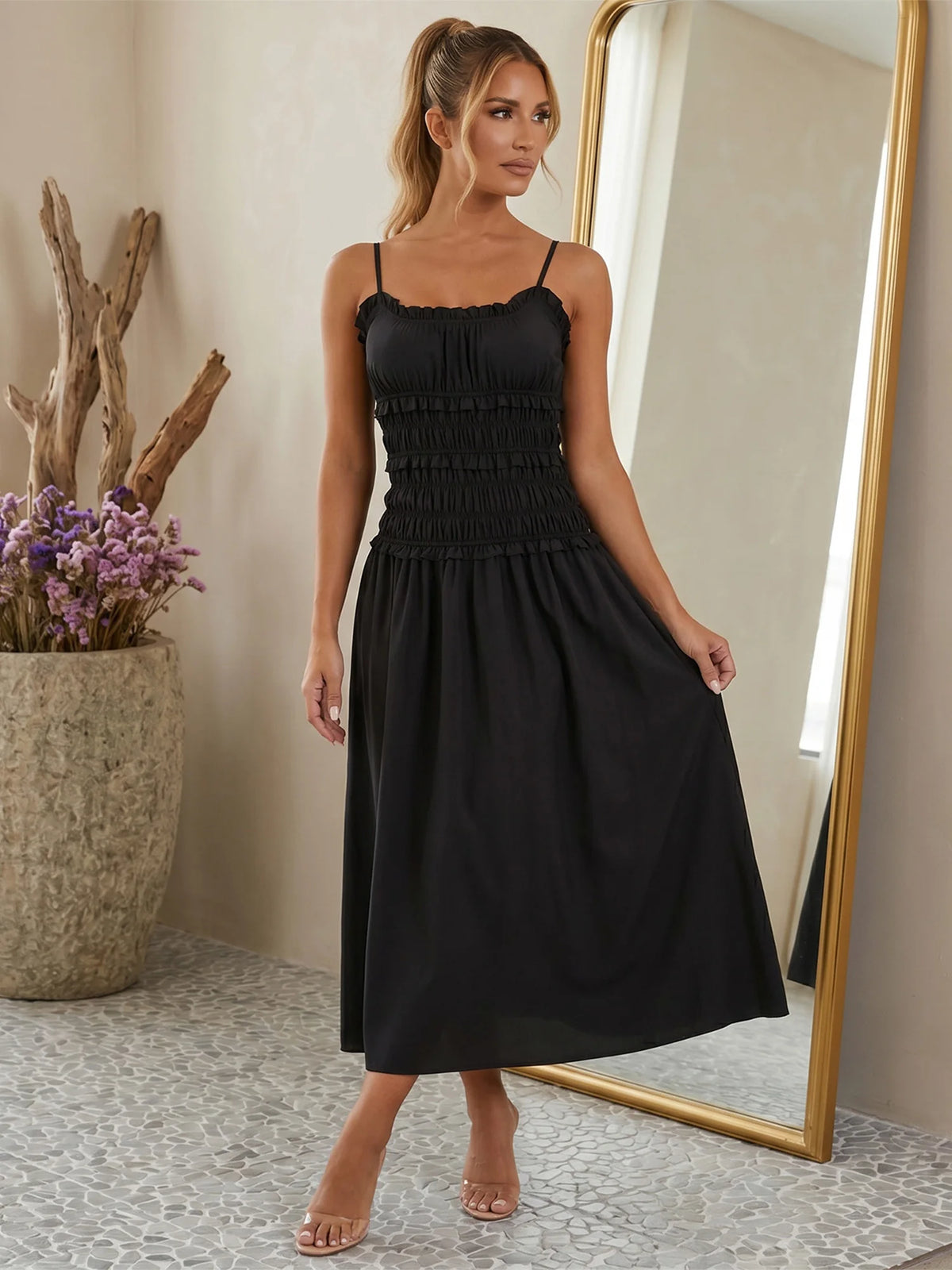 2026 Summer Women Slip Dress Sleeveless Smocked Ruffle Pleated Long Dress for Party Cocktail Out Going Streetwear