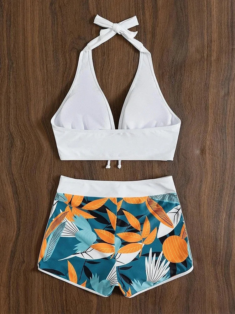 Europe and the United States swimsuit ladies print neck conservative flat Angle high waist split flat Angle bikini high waist