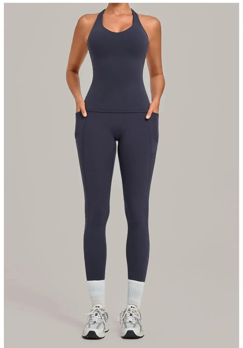 Women's Seamless Yoga Sets Sports Fitness Hip-lifting High Waist Pant Sleeveless Backless Suits Workout Running Leggings Sets