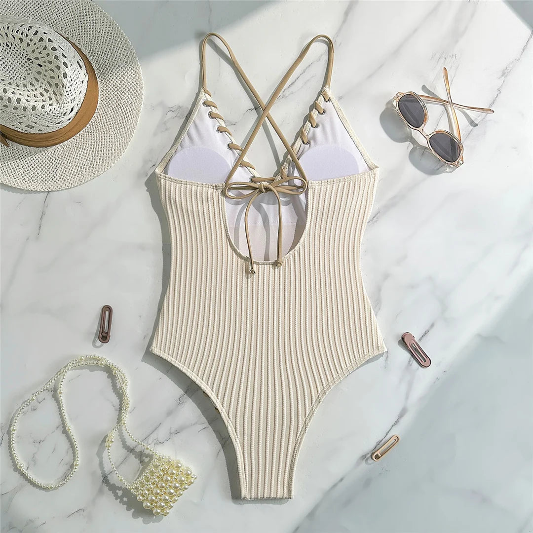 5 Colors V Neck Ribbed Cross Back One Piece Swimsuit Women Swimwear Female High Leg Cut MonokiniBather Bathing Suit Swim V6278