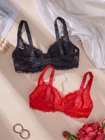 2Pcs Women's Sexy Bras Floral Lace Thin Push-Up Brassiere No Lining Cutout Breathable Underwear