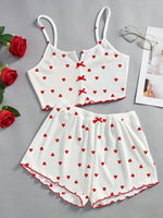 Summer Women Sleepwear Pajamas Sets Love Print Bow Dipped Crop Tops and Shorts Set Casual Loungewear Home Clothes