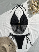 Sexy Black Mesh Draped Neckline Bikini Set 2026 Women Metal Circle Push Up Bra Triangle Swimsuit Bathing Suit Holiday Swimwear