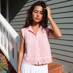Summer Women’s Button Down Eyelet Tops Solid Color Sleeveless Round Neck Lace Trim Shirts Daily Casual Blouse Summer