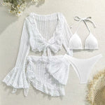 Sexy 4 Pieces Bikinis Sets Women Mesh Long Sleeve Cover Up Beach Skirt Swimwear Holiday Beach Bathing Suit Patchwork Swimsuit