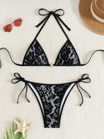 Embroidery Mesh Lace Halter Bikini Female Swimsuit Women Swimwear Two-pieces Bikini Set High Cut Bathing Suit Swim Beach Wear