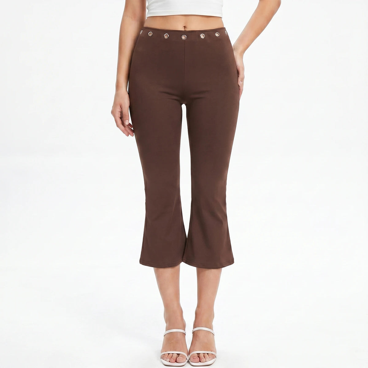 Womens Summer Cropped Pants Mid Rise Flare Trousers Stylish Casual Leg Pants with Silver Eyelet Capris