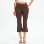 Womens Summer Cropped Pants Mid Rise Flare Trousers Stylish Casual Leg Pants with Silver Eyelet Capris