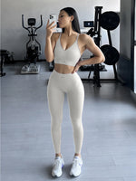 Halter Neck Yoga 2Pcs Set Women Soft Stretchy Top & Long Pants Gym Wear