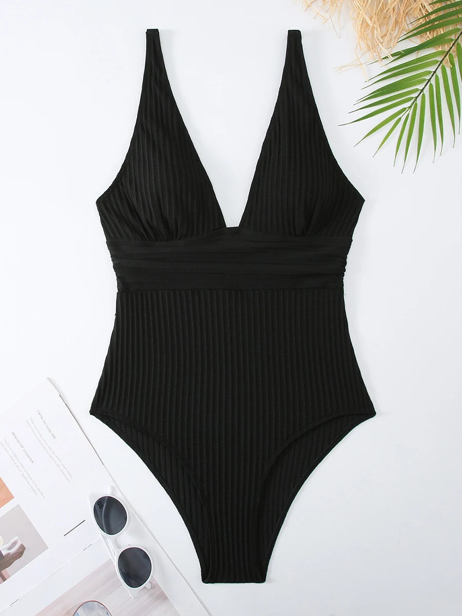 2026 V Neck Swimsuit One Piece Solid Vintage Swimwear Women One-piece Bathing Suit Female Padded Beach Wear Swimming Beachwear