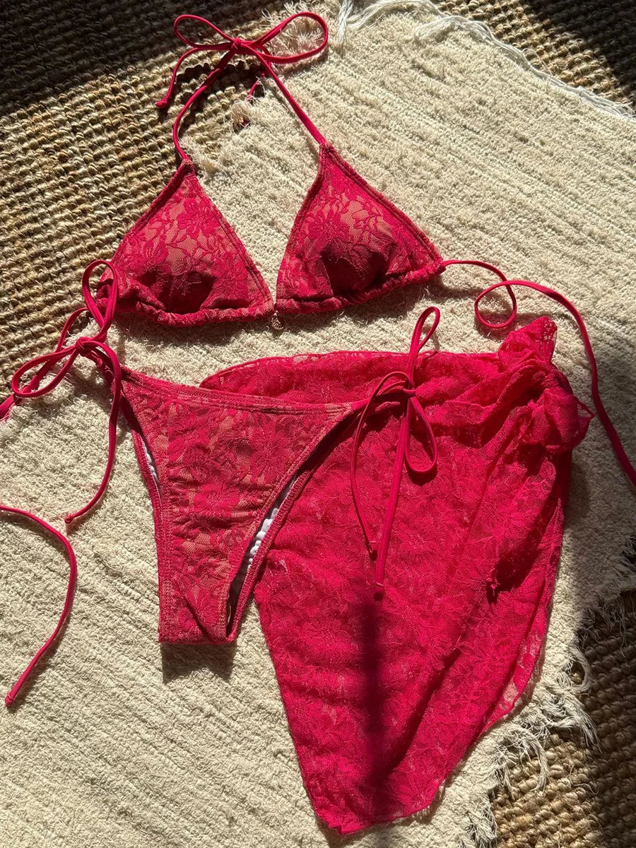 with Mesh Sarong Lace Halter High Cut Bikini Female Swimsuit Women Swimwear Three-pieces Bikini Set Bathing Suit Swim Beachwear