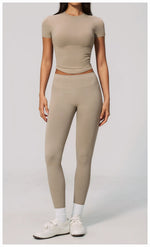 2PCS Women's Tracksuit Seamless Yoga Set Short Sleeve O Neck Workout T Shirts Fitness Suit Tight Hip Lifting Leggings Gym Sets