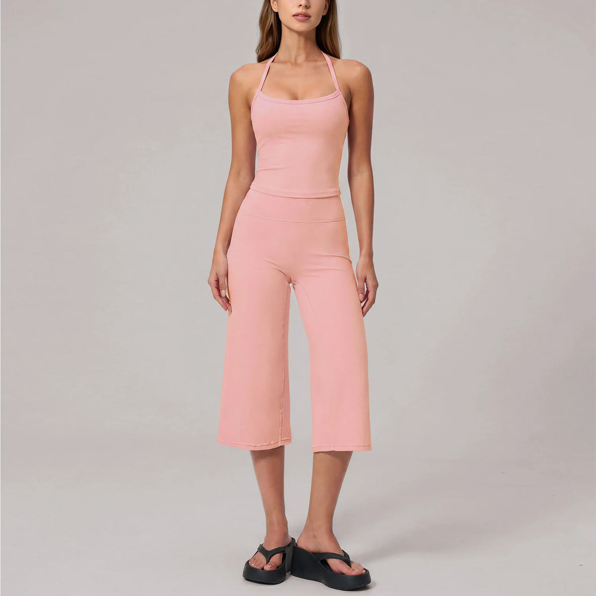 Hanging Neck Camisole Yoga Sets Women Nude Hollow Back Cross Slim Sports Tank Top High Waist Wide Leg Capri Pants Fitness Suits