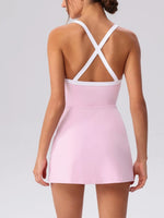 Color Contrast Tennis Dresses Women Beautiful Back Hollow Back Cross Split Skirt Pocket Sports Fitness One-piece Yoga Golf Suit