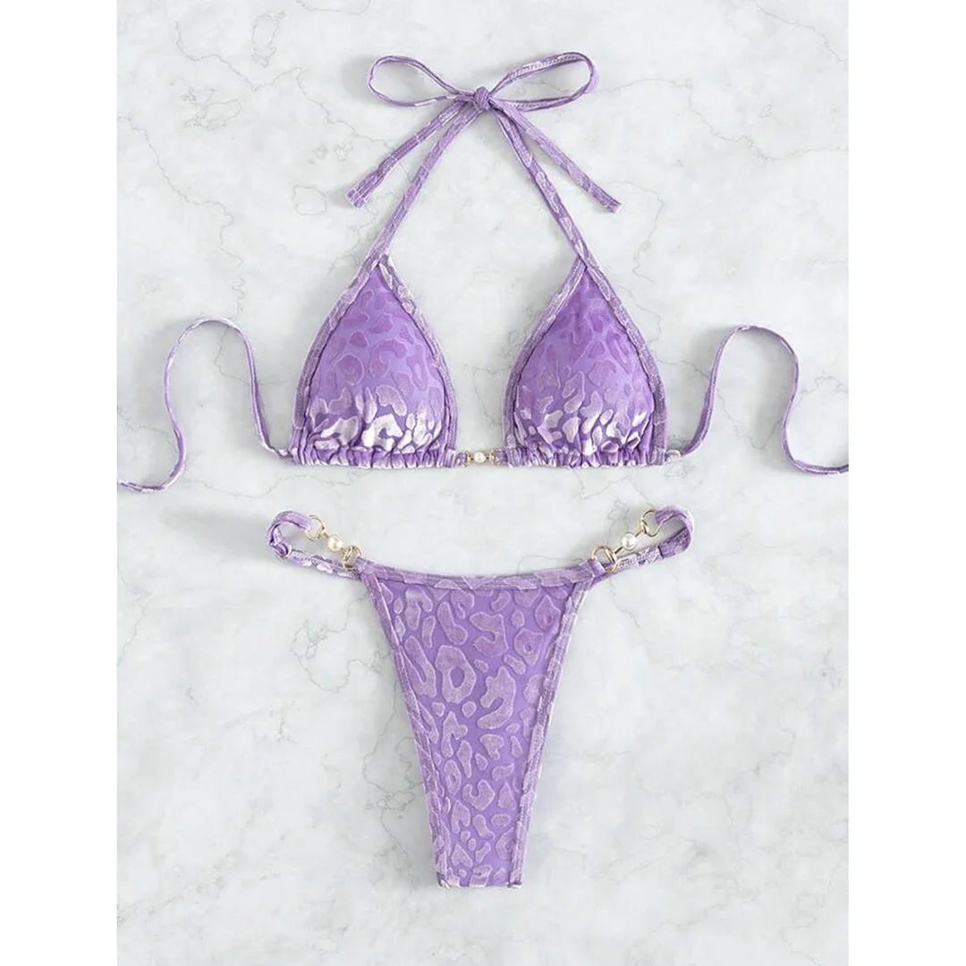 S - XL Leopard Pearl Mini Micro Thong Bikini Female Swimsuit Women Swimwear Two-Piece Bikini Set Bather Bathing Suit Swim V5207B