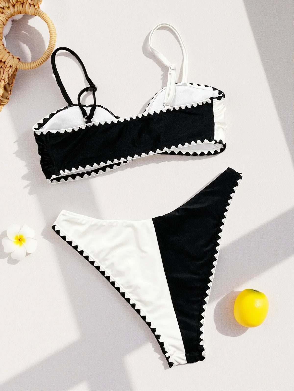 Sexy Black White Contrast Bikini Set 2026 Women Diamond Grid Pattern Push Up Bra High Waist Swimsuit Beach Bathing Suit Swimwear