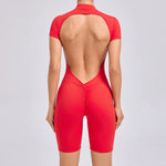 Padded Backless Yoga Cycling jumpsuitWomen Zipper GYM Sportswear Fitness One Piece Sports Suit V Back Workout Playsuit