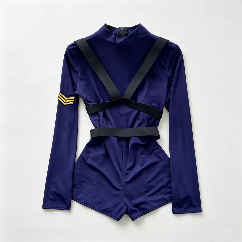 Women Police Cosplay Costumes Long Sleeve Zipper Romper with Harness Belt Halloween Role Play Outfit for Carnival Themed Events
