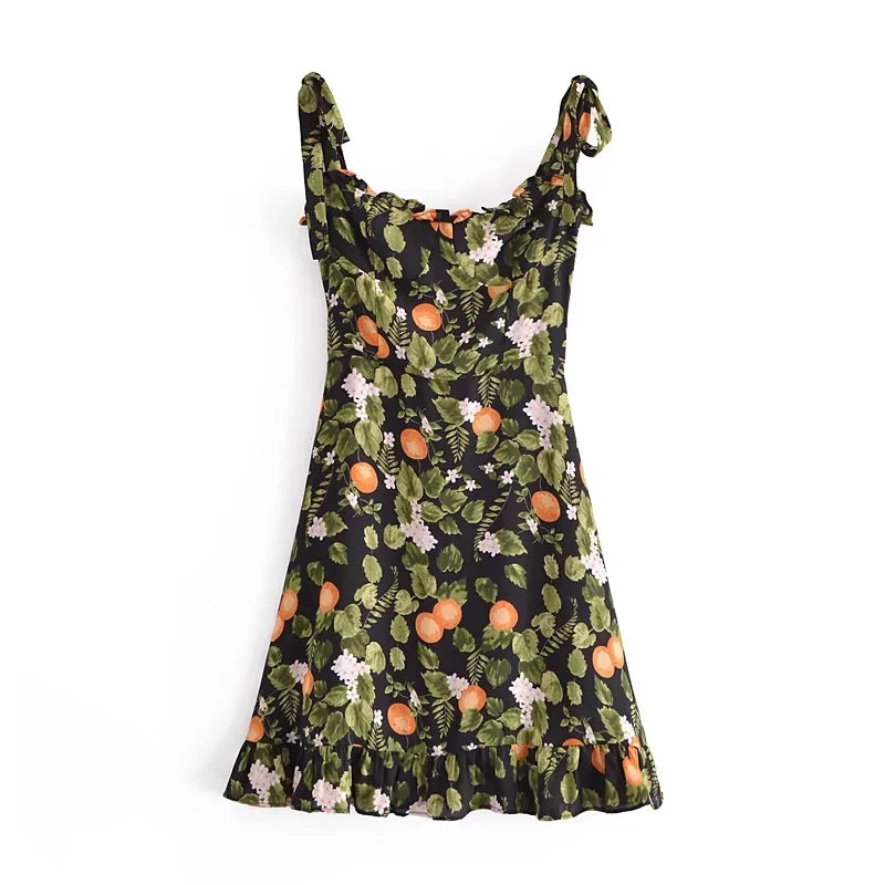 French Style Vintage Lemon Leaf Printed Green Dress Sexy Slip Midi Sleeveless Tank Dress Chiffon Women Holiday Elegant Dress
