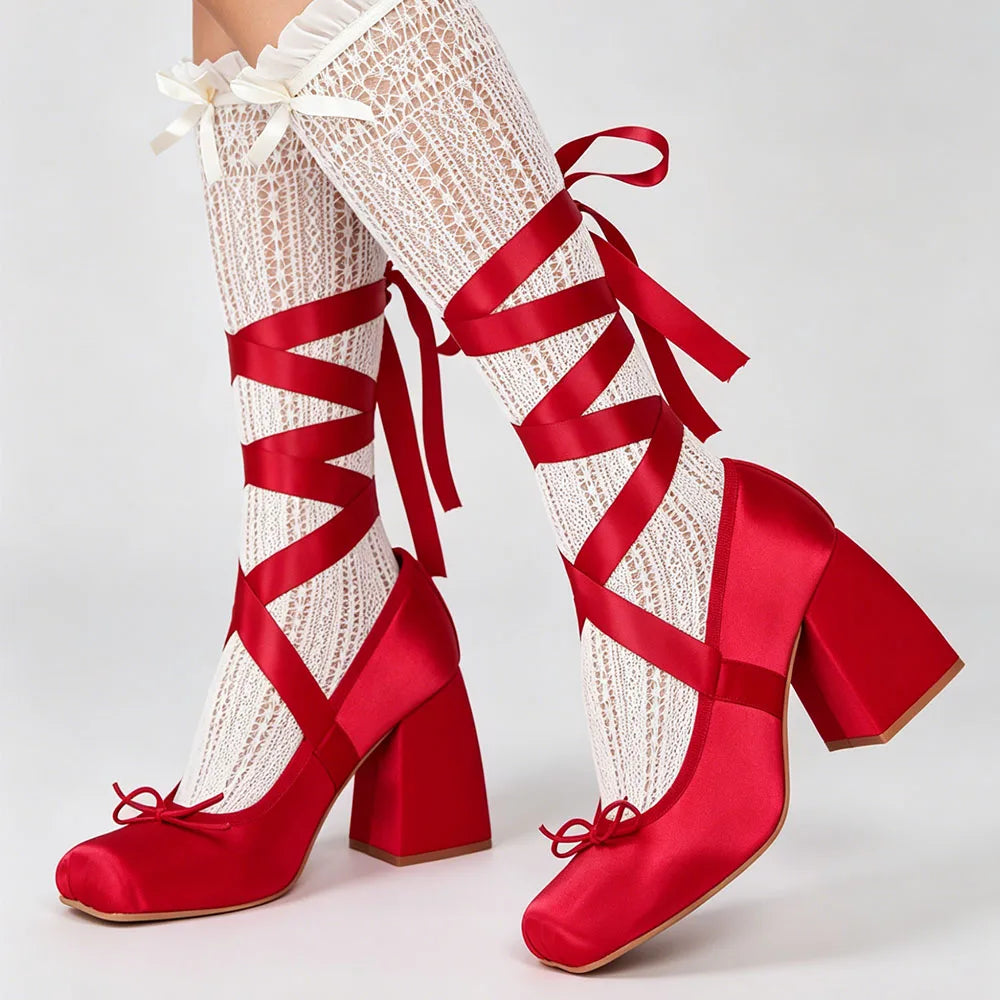 2026 Big Size 43 Cute Red Lolita Ankle Wrap Pumps Sweet 9cm Square High Heels Gothic Cosplay Ballet Style Mary Janes Shoes Women